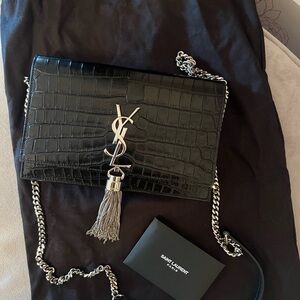 Crocodile skin (black) Saint Laurent YSL purse with silver tassel